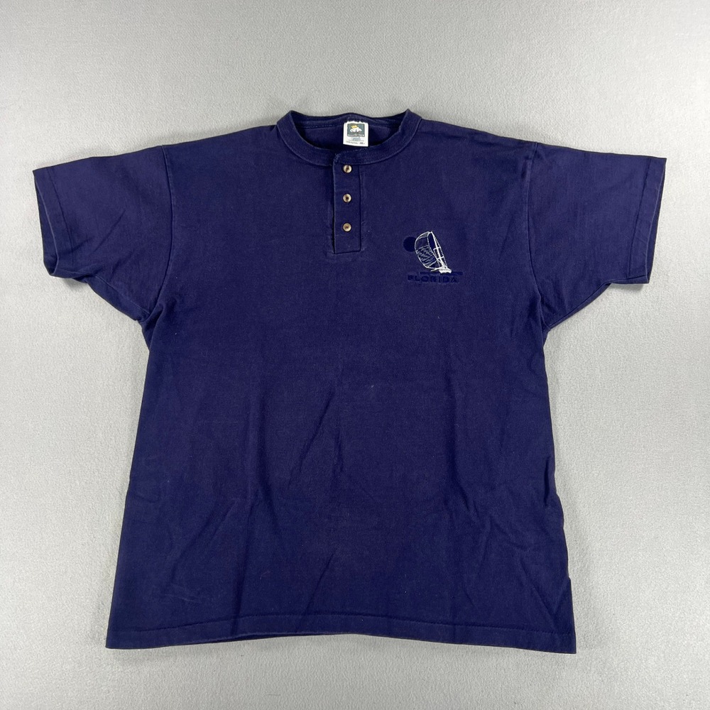 Vintage 90s Cotton Deluxe Florida 3 Button Blue‎ Tee Single Stitch Made In USA